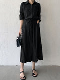 Momentlover Casual A-Line Long Sleeves Bandage Solid Color Lapel Collar Shirt Midi Dresses