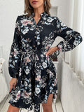 Momentlover Flower Print Elasticity Drawstring Buttoned Loose Long Sleeves V-Neck Mini Dresses