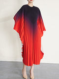 Momentlover Pleated Gradient Oversize Loose Round-Neck Midi Dresses