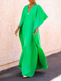Momentlover Batwing Sleeves Loose Solid Color Split-Side V-Neck Maxi Dresses