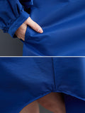 Momentlover Loose Puff Sleeves Solid Color Stand Collar Midi Dresses