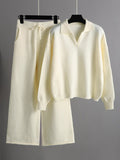 Momentlover Urban Long Sleeves Solid Color Polo Sweater Tops & Wide Leg Pants Two Pieces Set