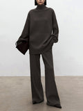 Momentlover Solid Color Long Sleeves High-Neck Sweater Top + Wide Leg Pants Bottom Two Pieces Set