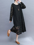 Momentlover A-Line Long Sleeves Hollow Round-Neck Midi Dresses