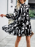 Momentlover Tied Split-Joint Printed Puff Sleeves Loose Mock Neck Mini Dresses