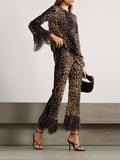 Momentlover Long Sleeves Feathers Leopard Round-Neck Pants Pants Set T-Shirts Tops Two-Piece Sets