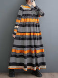 Momentlover Split-Joint Polka-Dot Buttoned Loose Long Sleeves Round-Neck Midi Dresses