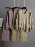 Momentlover Urban Loose Solid Color V-Neck Sweater Tops& Wide Leg  Pants Suits