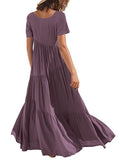 Momentlover Casual Short Sleeves Loose Solid Color Round-Neck Maxi Dresses