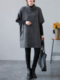 Momentlover Simple Solid Color Knitting Short Sleeves High-Neck Mini Dress