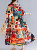 Momentlover Loose Short Sleeves Floral Printed Round-Neck Midi Dresses
