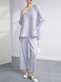 Momentlover Loose Pleated Solid Color High-Low Round-Neck T-Shirts  + Pants Two Pieces Set