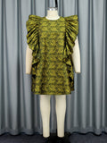 Momentlover Zipper Ruffled Flower Print Sleeveless Plus Size Round-Neck Mini Dresses