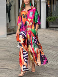 Momentlover Half Sleeves Loose Figure Printed Lapel Collar Maxi Dresses