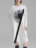 Momentlover Three-Dimensional Flower Asymmetric Loose Long Sleeves Round-Neck Midi Dresses
