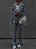 Momentlover Printed Long Sleeves Lapel Outwear Top + Flared Trousers Bottom Two Pieces Set