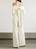 Momentlover Tied Split-Joint Solid Color Pleated Wide Leg Long Sleeves Off-The-Shoulder Jumpsuits