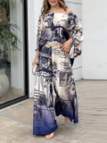 Momentlover Printed Wide Leg Puff Sleeves Off-the-shoulder Two-Piece Sets Pants Blouses