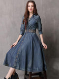 Momentlover Vintage Embroidered Cropped Denim Dress