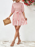 Momentlover Striped Buttoned Loose Half Sleeves Stand Collar Mini Dresses