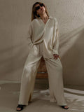 Momentlover Urban Loose Pleated Solid Lapel Collar Blouses Tops & Wide Leg Pants Two Pieces Set