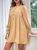 Momentlover Velvet Pleated Elasticity Buttoned Loose Long Sleeves Round-Neck Mini Dresses