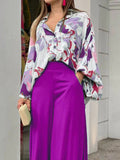Momentlover Original Contrast Color Blouse&Solid Wide Legs Pants 2 Pieces Set
