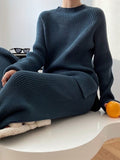 Momentlover Urban Loose Solid Round-Neck Split-Side Sweater& Wide Leg Pants Suits