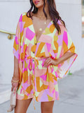 Momentlover Original Loose Printed Contrast Color Tied Buttoned Mini Shirt Dress