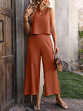 Momentlover Loose Sleeveless Pockets Solid Color Round-Neck Vest Top&Pants Two Pieces Pants Set