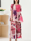 Momentlover Original Loose Short Sleeves Contrast Color Printed Round-Neck T-Shirt Tops&Wide Legs Pants Two Pieces Set