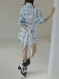 Momentlover Original Loose Long Sleeves Buttoned Contrast Color Printed Lapel Collar Mini Dresses