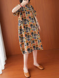 Momentlover Artistic Retro Colorful Plaid Short Sleeve Dress