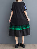Momentlover Split-Joint Floral Printed Short Sleeves Loose Round-neck Midi Dresses