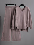Momentlover Urban Loose Solid Color V-Neck Sweater Tops& Wide Leg  Pants Suits