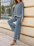 Momentlover Split-Side High-Low Long Sleeves Contrast Color Round-Neck Sweater Top + Pants Bottom Two Pieces Set