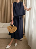 Momentlover Solid Color Loose Round-Neck Vest + High Waisted  Skirt Two Pieces Set