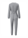Momentlover Elasticity Belted Long Sleeves V-neck Jumpsuits