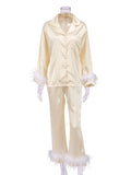 Momentlover Split-Joint Long Sleeves Buttoned Feathers Notched Collar Shirts Top + Pants Bottom Pajama Sets