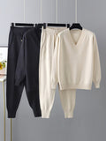 Momentlover Casual Loose Harem Pants Solid Color V-Neck Sweater Tops Pants Two Pieces Set