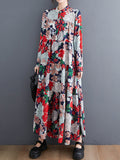 Momentlover Long Sleeves Loose Floral Printed Round-Neck Midi Dresses