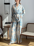 Momentlover Notched Collar Long Sleeves Buttoned Printed Tied Waist Shirts Top + High Waisted Pants Bottom Two Pieces Set