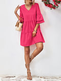 Momentlover Flared Sleeves Half Sleeves Solid Color V-Neck Mini Dresses
