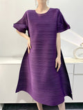 Momentlover Pleated Loose Round-neck Midi Dresses