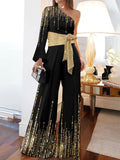 Momentlover Long Sleeves Loose Printed Shiny Tied Waist One-Shoulder Jumpsuits Bottoms