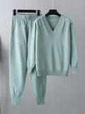 Momentlover Casual Loose Harem Pants Solid Color V-Neck Sweater Tops Pants Two Pieces Set