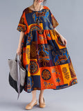 Momentlover Original Printing Split-Joint Round-Neck Midi Dress