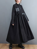 Momentlover Original Loose Denim Split-Joint Tied Lapel Collar Long Sleeves Midi Dress