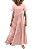 Momentlover Casual Short Sleeves Loose Solid Color Round-Neck Maxi Dresses