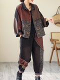 Momentlover Contrast Color Fringed Split-Joint Long Sleeves Printed Outwear + Harem Pants  Two Pieces Set